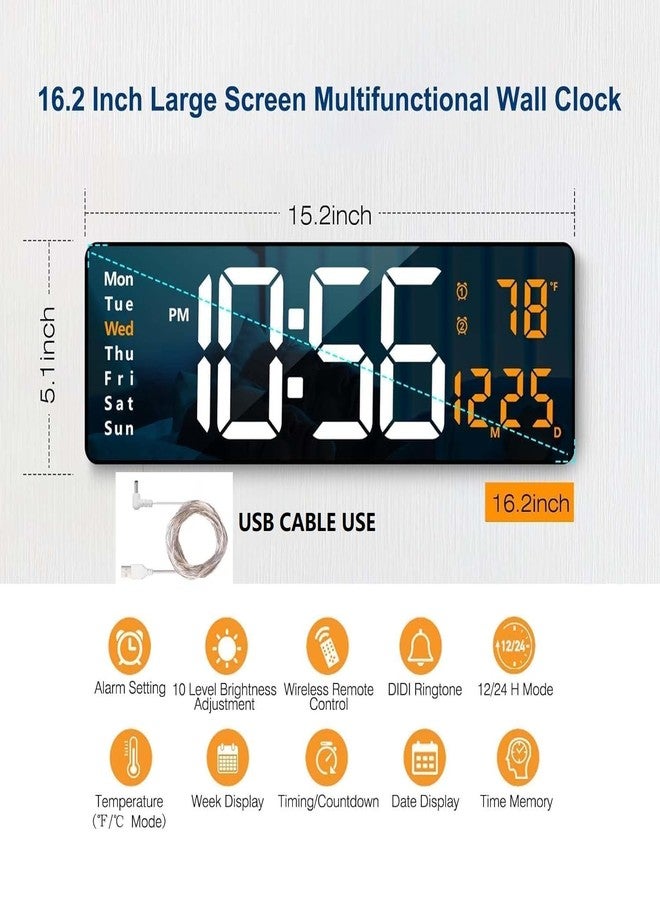 ELEXIQ Large-Digital-Wall-Clock - 16.2 Inch Digital Wall Clocks Large Display with Remote Control, 12/24Hr Format, Automatic Brightness Alarm Clock with Temperature, Date, Week for Living Room Office Decor - Image 2